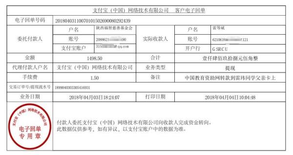 中国教育资助网给雷玮同学转款电子回单