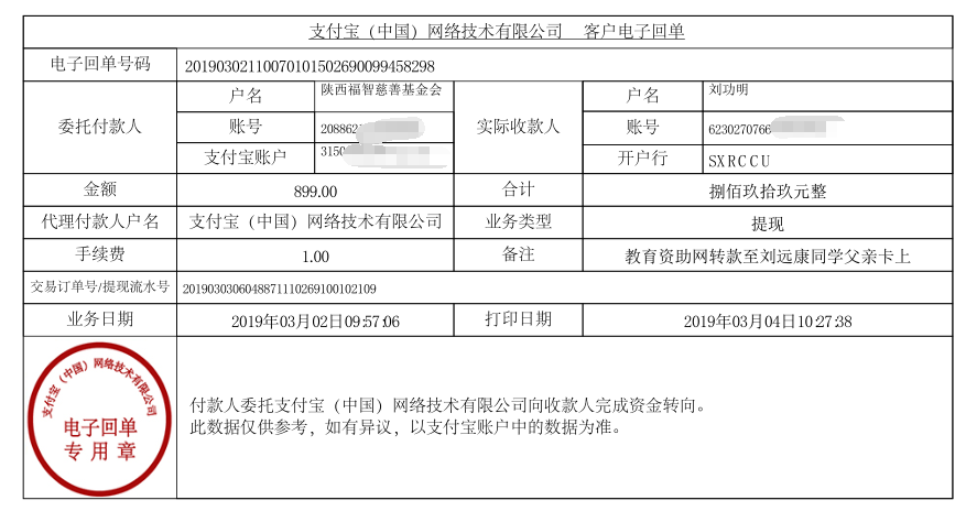 教育资助网给刘远康同学转款的电子回单