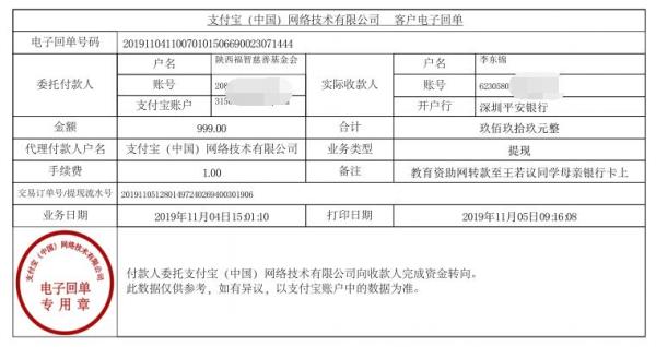 教育资助网转款给王若议同学的电子回单