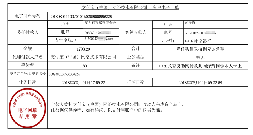 中国教育资助网转款给刘泽辉同学的电子回单
