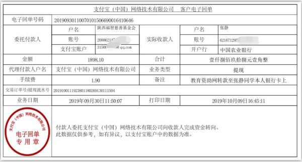 教育资助网转款给张静同学的电子回单