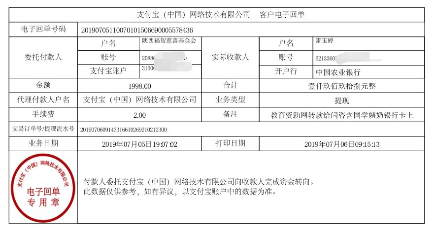 教育资助网给闫咨含同学转款的电子回单