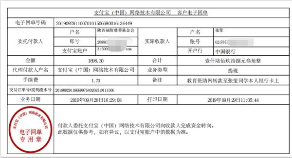 教育资助网转款给张莹同学的电子回单