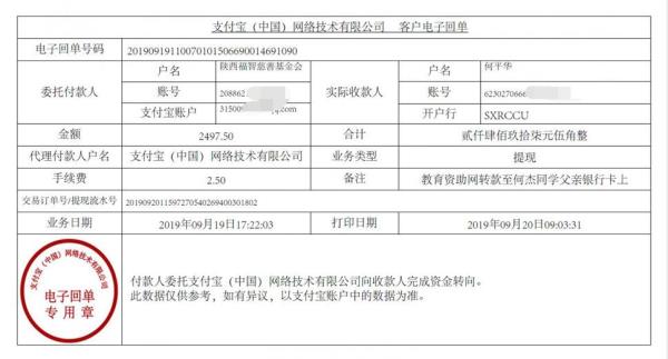 教育资助网转款给何杰同学的电子回单