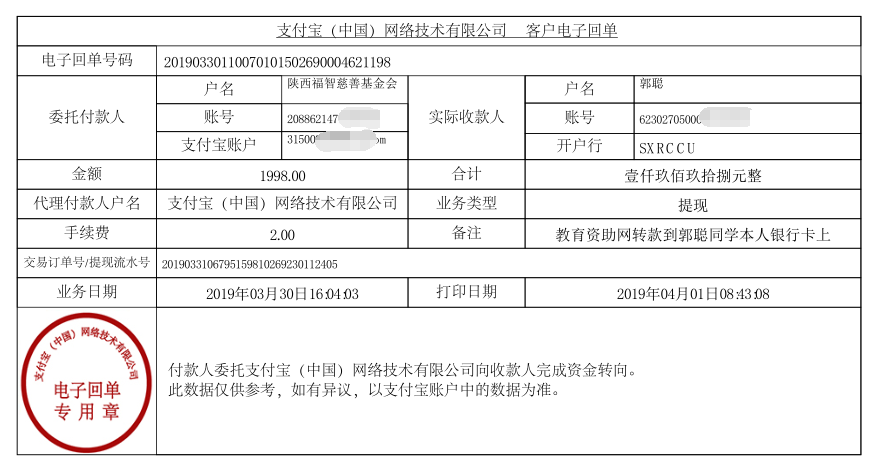 教育资助网给郭聪同学转款的电子回单