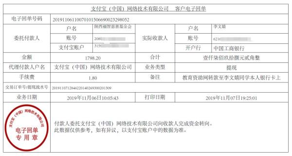 教育资助网转款给李文婧同学的电子回单