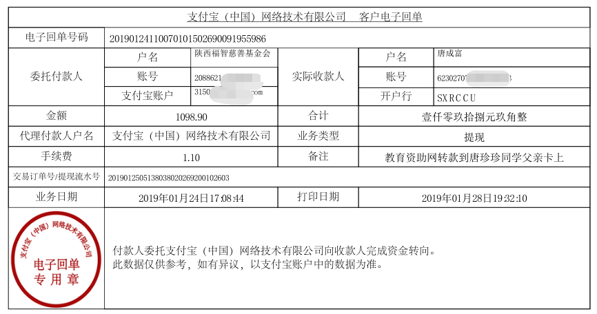 教育资助网给唐珍珍同学转款的电子回单