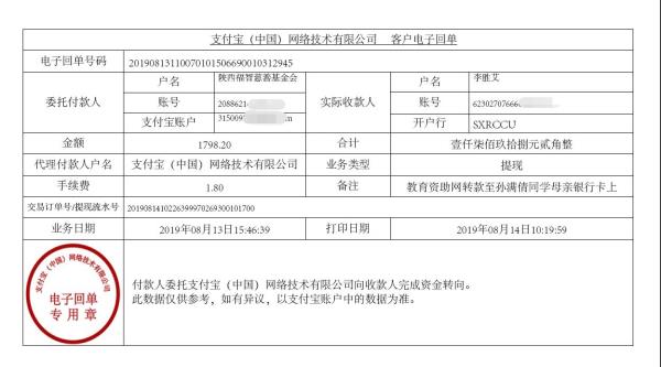 教育资助网转款给孙满倩同学的电子回单