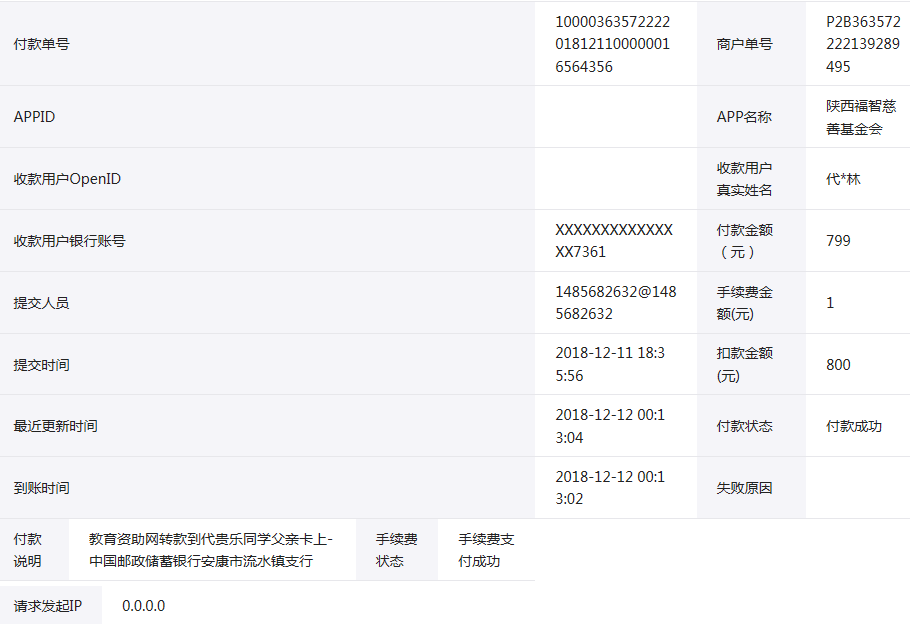 教育资助网给代贵乐同学转款的电子回单