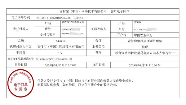 教育资助网转款给马富康同学的电子回单