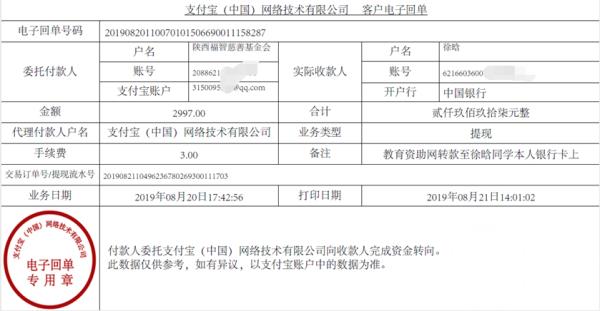 教育资助网转款给徐晗同学的电子回单