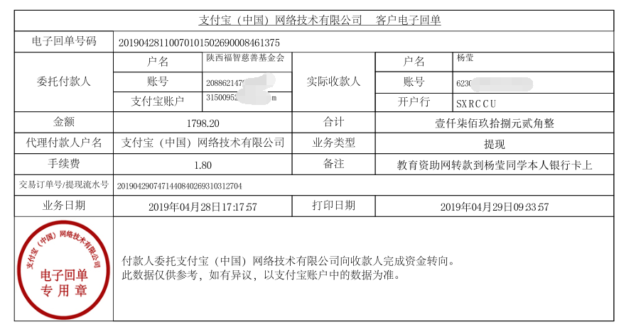 教育资助网给杨莹同学转款的电子回单