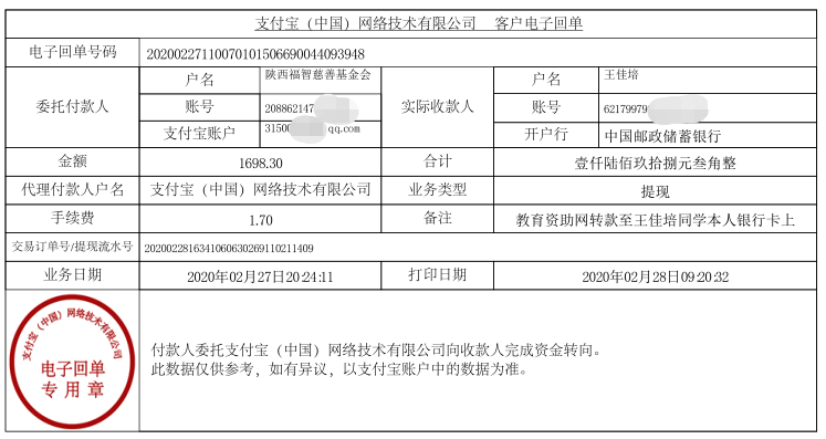教育资助网给王佳培同学转款的电子回单