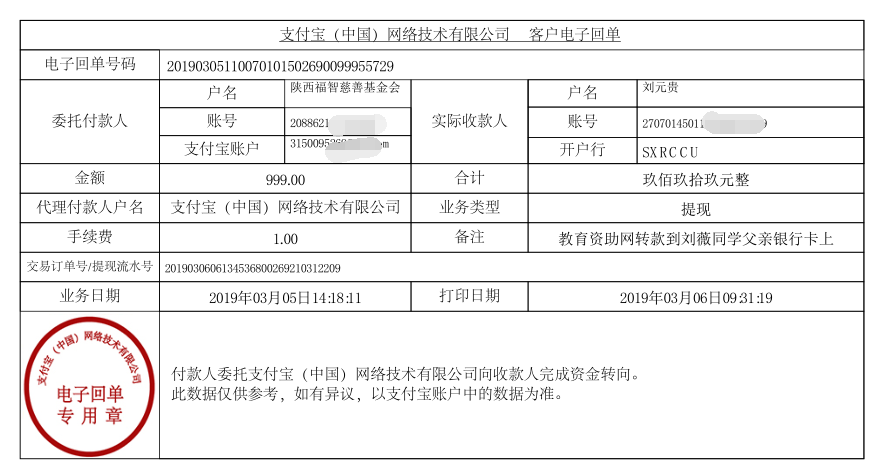 教育资助网给刘薇同学转款的电子回单