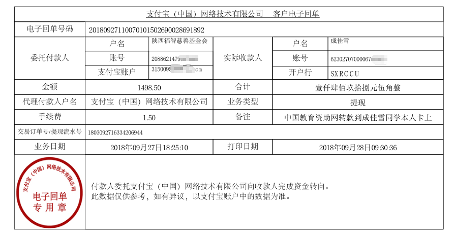教育资助网给成佳雪同学转款的电子回单
