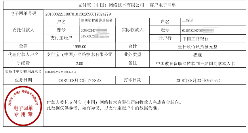 中国教育资助网给王兆国同学转款的电子回单
