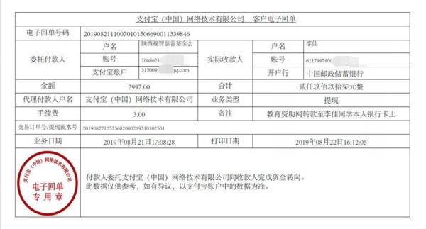 教育资助网转款给李佳同学的电子回单