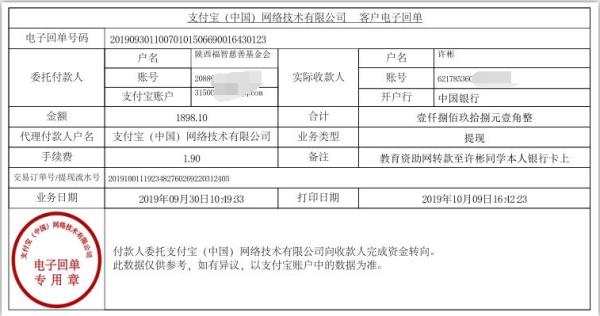 教育资助网转款给许彬同学的电子回单