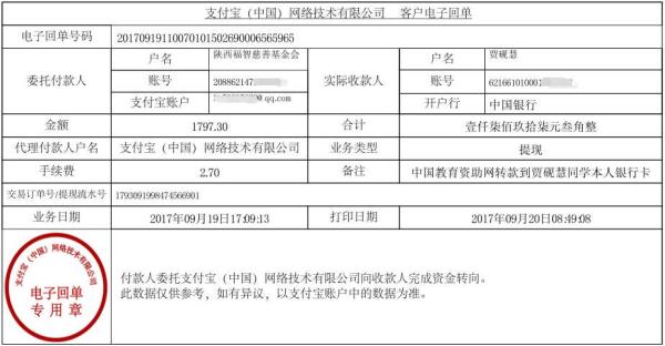 中国教育资助网转给贾砚慧同学的电子回单