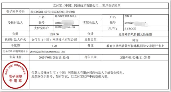教育资助网转款给祝玮棋同学的电子回单