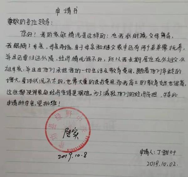 丁甜叶贫困申请书
