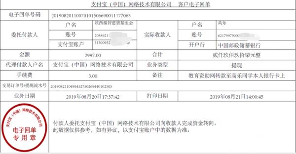 教育资助网转款给高乐同学的电子回单
