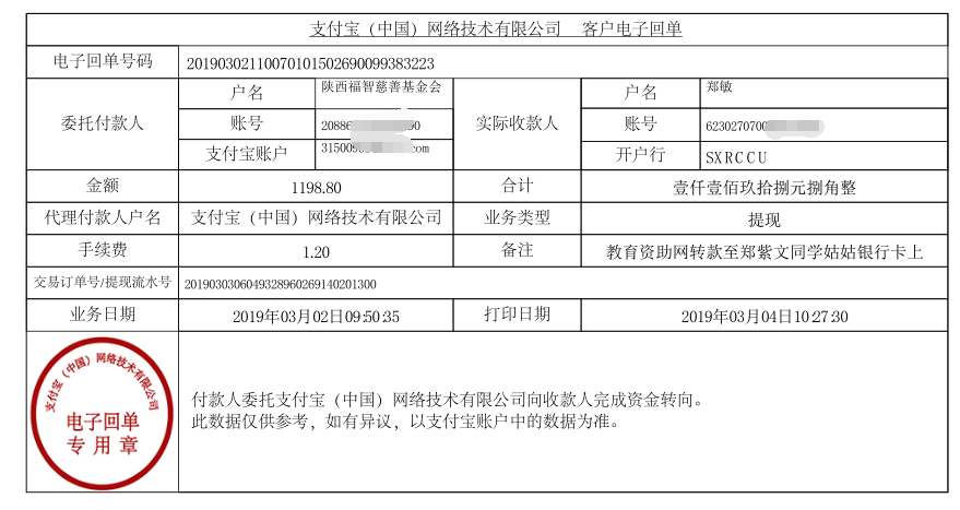 教育资助网给郑紫文同学转款的电子回单