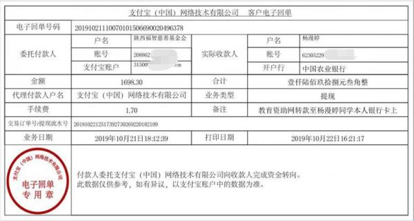 教育资助网转款给杨漫婷同学的电子回单