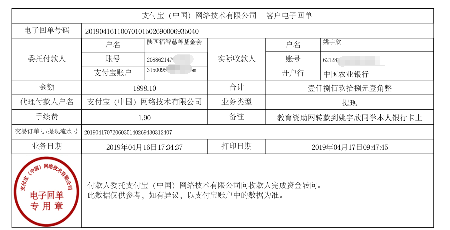 教育资助网给姚宇欣同学转款的电子回单