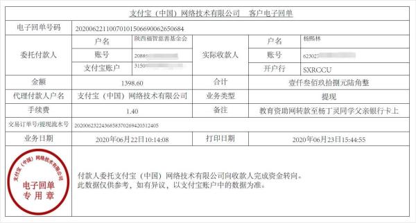 教育资助网给杨丁灵同学转款的电子回单