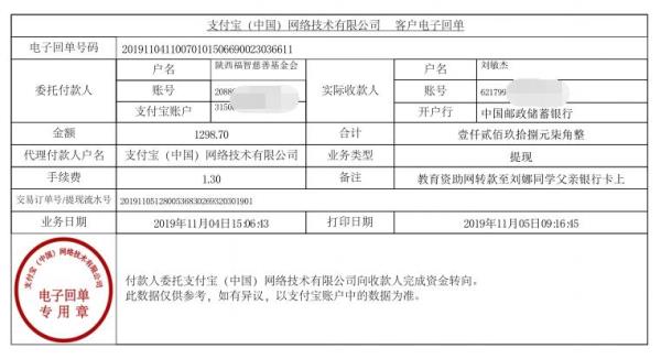 教育资助网转款给刘娜同学的电子回单