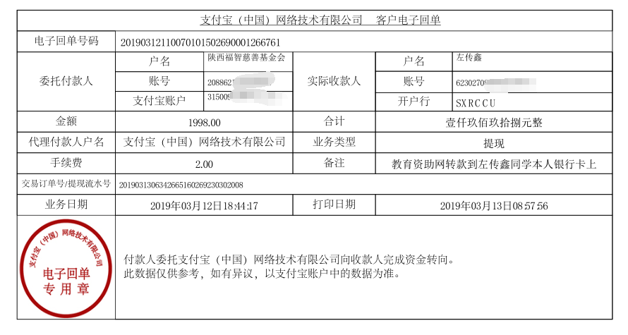教育资助网给左传鑫同学转款的电子回单