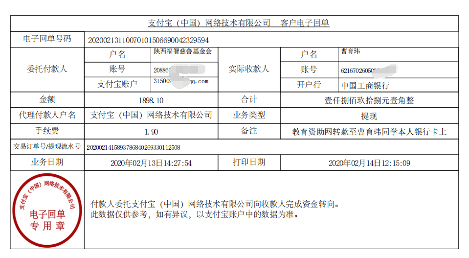 教育资助网给曹育玮同学转款的电子回单
