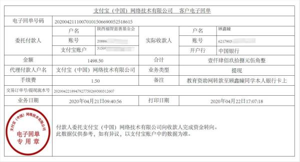 教育资助网给顾鑫瞳同学转款的电子回单