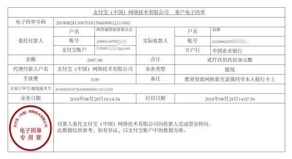 教育资助网转款给袁强同学的电子回单