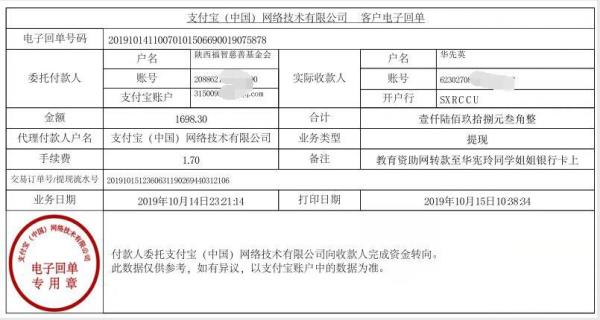 教育资助网转款给华宪玲同学的电子回单