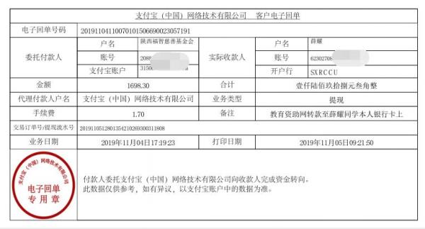 教育资助网转款给薛耀同学的电子回单