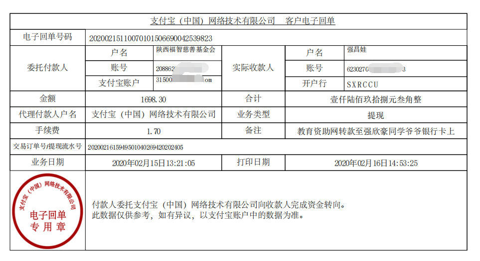 教育资助网给强欣豪同学转款的电子回单