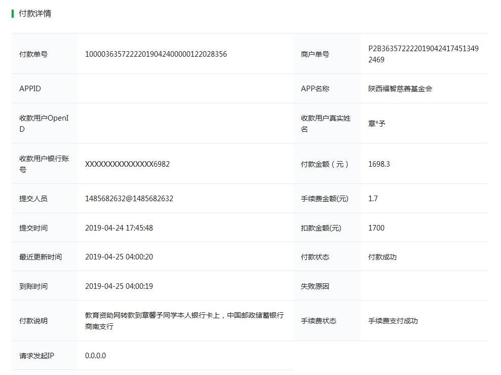 教育资助网给章馨予同学转款的电子回单