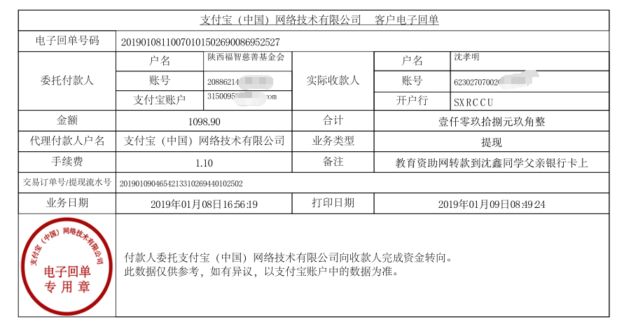 教育资助网给沈鑫同学转款的电子回单