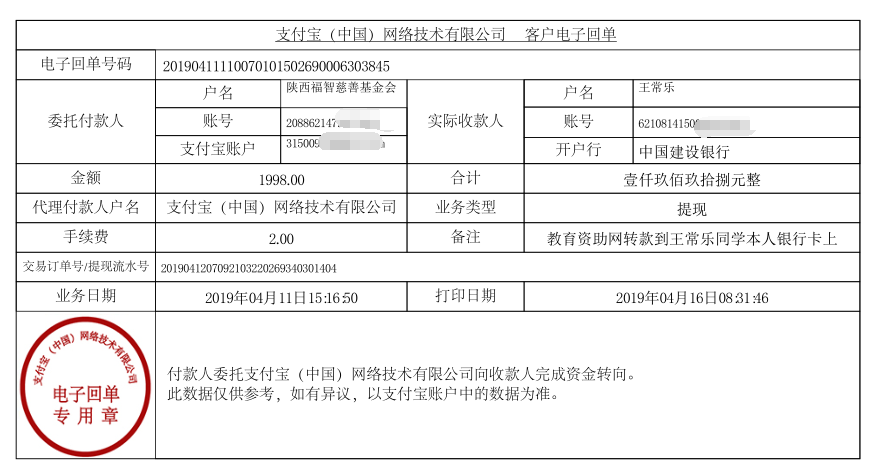 教育资助网给王常乐同学转款的电子回单