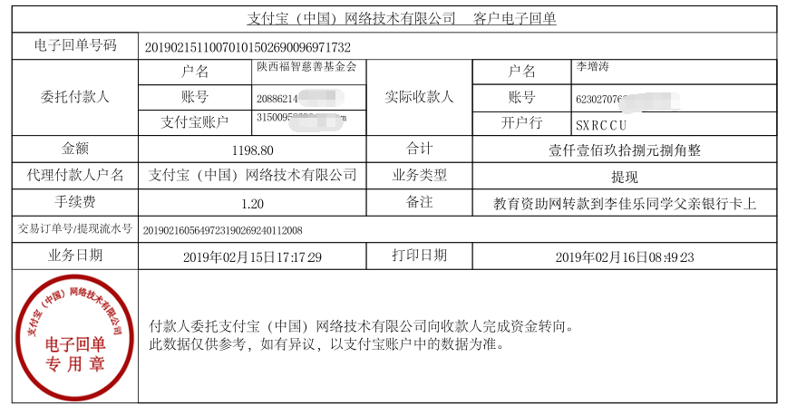 教育资助网给李佳乐同学转款的电子回单