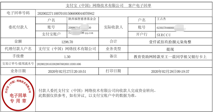 教育资助网给王一晨同学转款的电子回单
