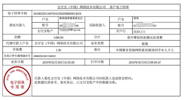 中国教育资助网给梁琦同学转款电子回单