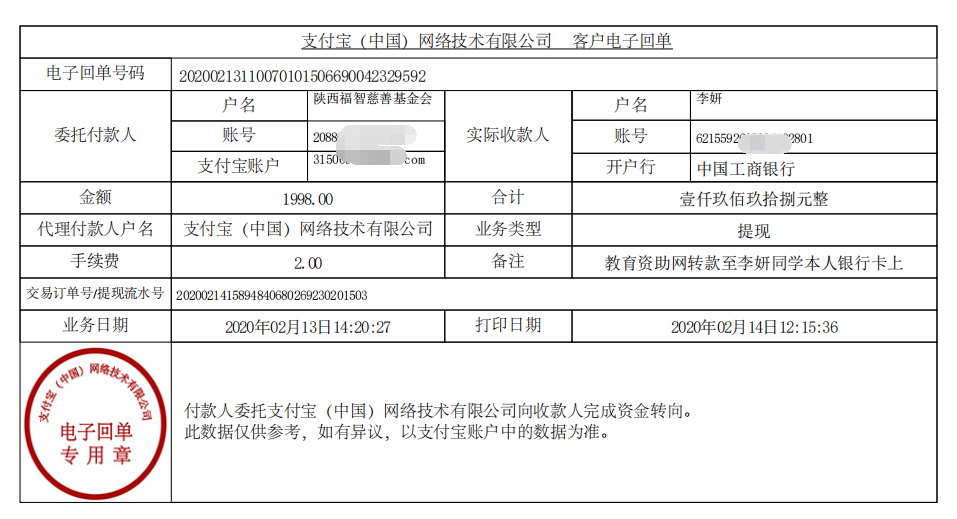 教育资助网给李妍同学转款的电子回单