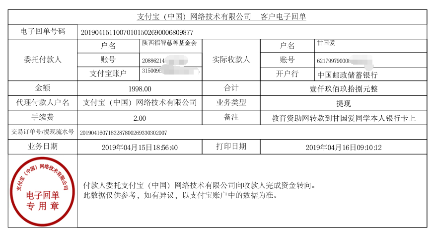教育资助网给甘国爱同学转款的电子回单