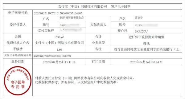 教育资助网给王昊鑫同学转款的电子回单