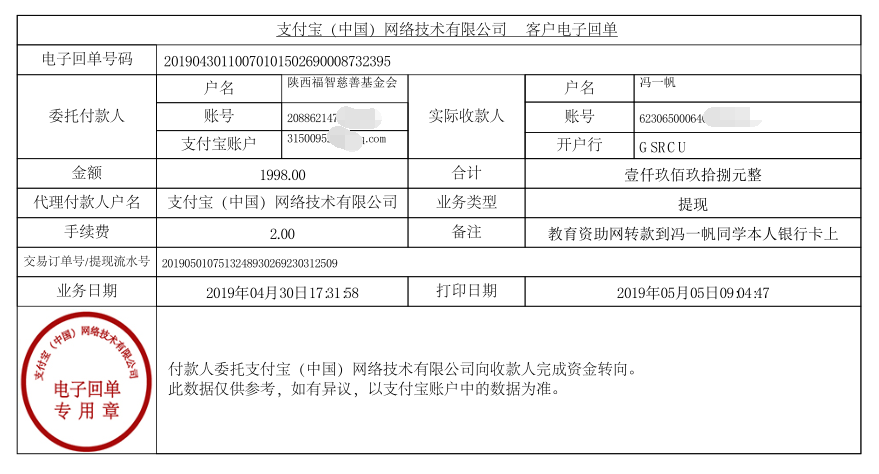 教育资助网给冯一帆同学转款的电子回单