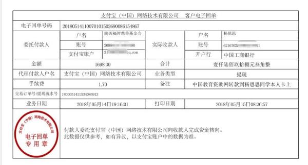 中国教育资助网给杨思思同学转款的电子回单