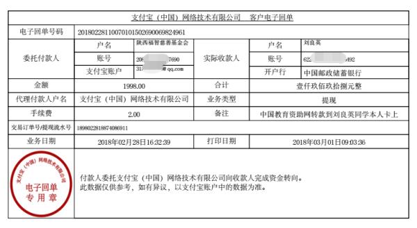 中国教育资助网给刘良英同学转款电子回单